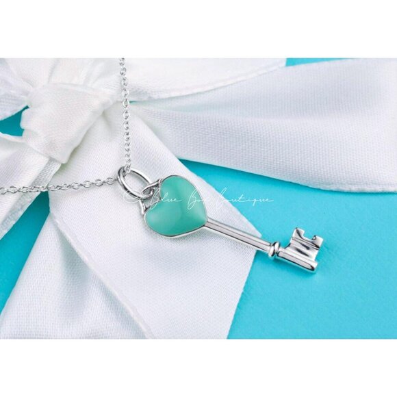 Tiffany & Co. Key Necklace Blue Enamel Heart Key Pendant in Sterling Silver with - Picture 2 of 6